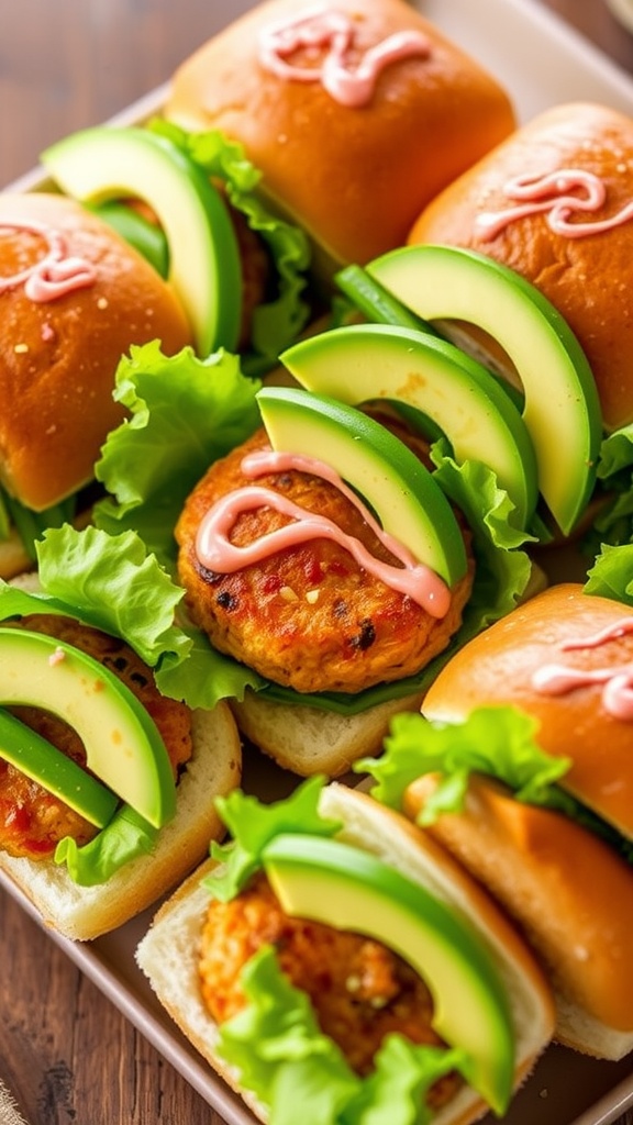 Spicy salmon sliders with Sriracha lime flavor, served on a wooden platter.